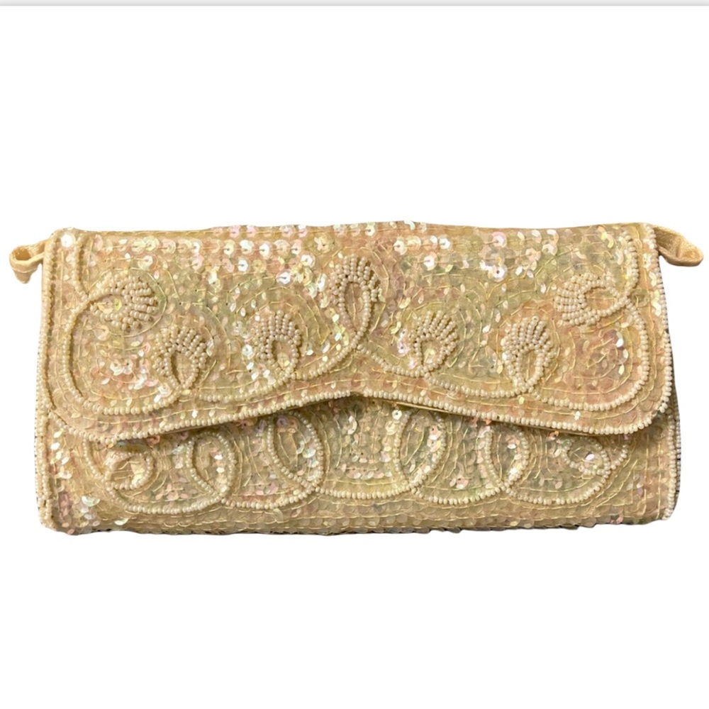 Vintage La Regale Sequin Beaded Clutch Purse Strap Satin Iridescent Wedding NYE
